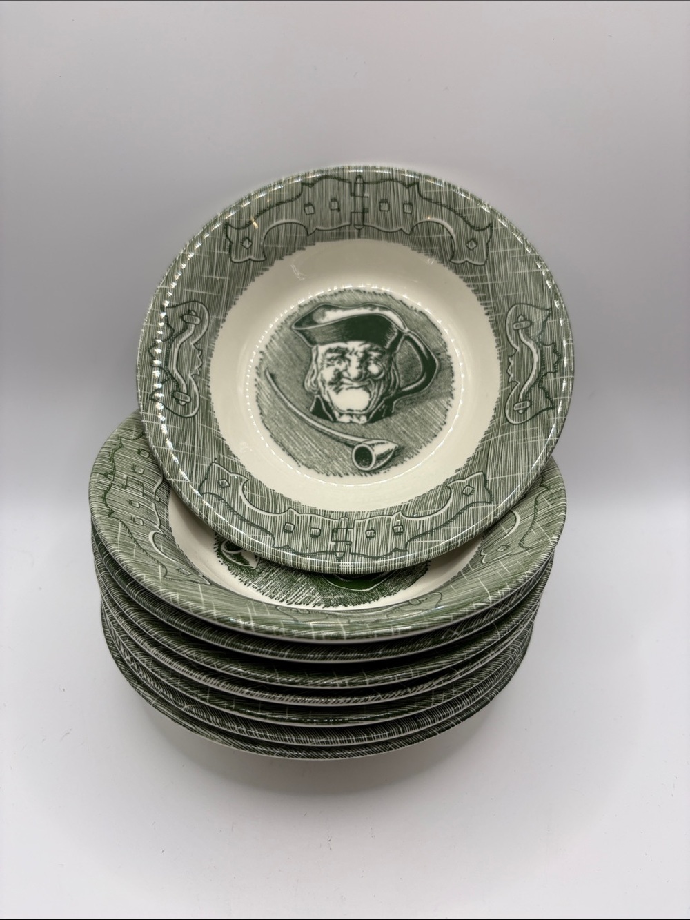 Royal China "The Old Curiosity Shop" Green Transferware Dessert Bowls Set of 7